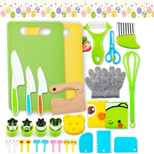 30 PCS Kids Montessori Kitchen Cooking Set - Toddler Safe Cutting Tool Set for Real Cooking & Baking, Unisex Toy, Preschool Learning Gift for Ages 3-10