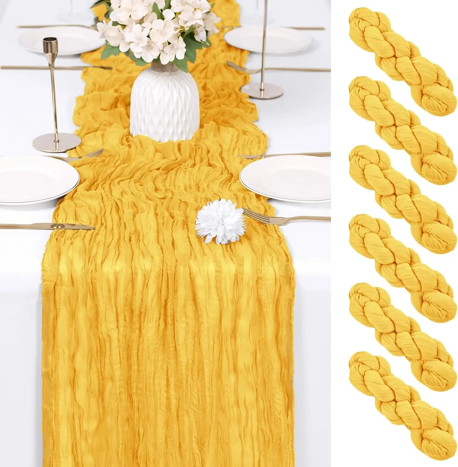 6 Pack Gold Cheesecloth Table Runner 17x108 Inch Semi Sheer Boho Gauze Cheese Cloth Fabric Table Runners Table Decor for Wedding Party Baby Shower Birthday Home Decor Garden Farmhouse