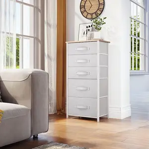 DWVO 5 Drawers Dresser, Vertical Fabric Storage Tower Organizer Unit for Living Room, Hallway - Sturdy Steel Frame, Wooden Top & Easy Pull Fabric Bins