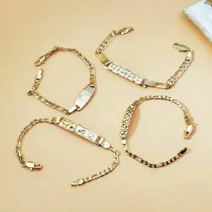 18K Gold Plated Figaro Chain Bracelet, Vintage Engraved ID Tag Cuban Link Chain, Trendy Y2K Minimalist Unisex Jewelry, Hip Hop Streetwear Fashion Bracelet for Men & Women, Durable Waterproof Daily Wear Accessory for Parties, Dating & Casual Outfits,summer