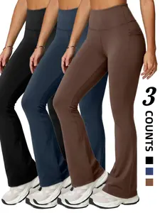 Women's Solid Color Yoga Leggings, Fitness Tights, High Elastic Sweat-Wicking Quick-Dry Set, Pocketed Gym Pants, Sporty Fitted Workout Trousers