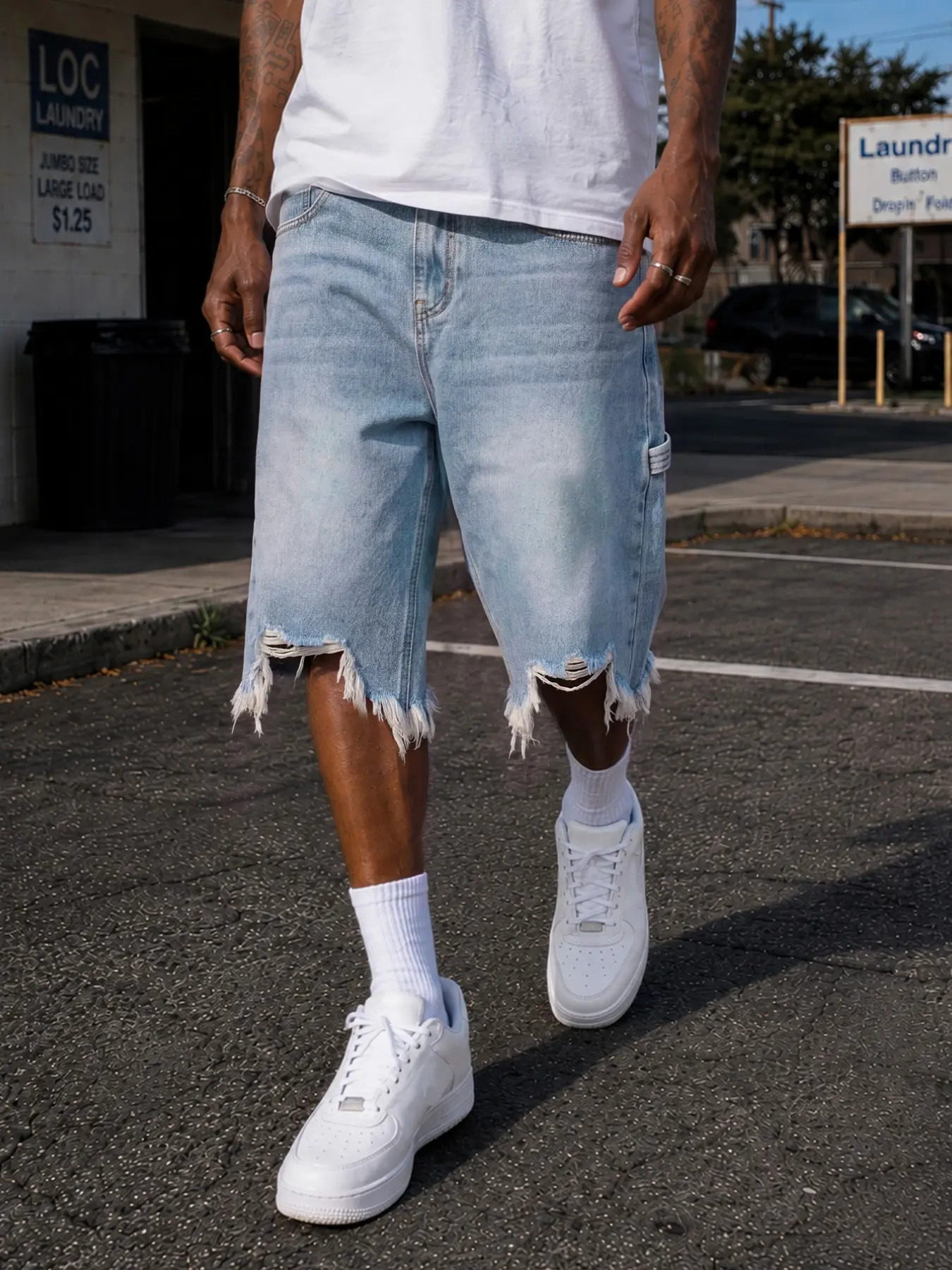 Men's Light Blue Washed Denim Shorts, Tag Size XS-W30 to XXL-W40, Non-Stretch Loose Fit Frayed Hem Streetwear Jorts