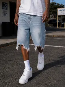 Men's Light Blue Washed Denim Shorts, Tag Size XS-W30 to XXL-W40, Non-Stretch Loose Fit Frayed Hem Streetwear Jorts