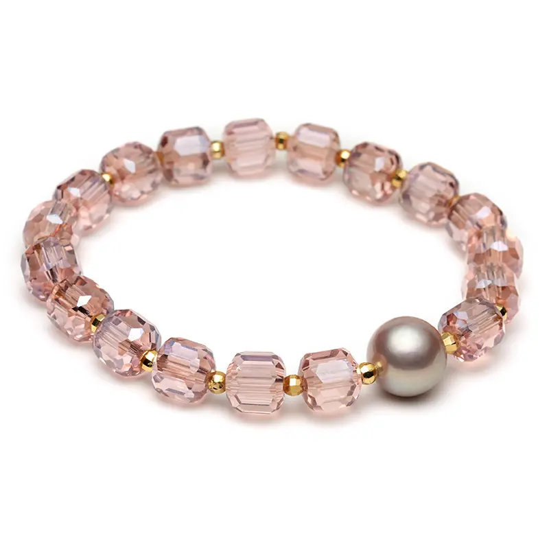 Single Metallic Pearl Pink Quartz Beaded Wristband, Delicate Gold Plated Elastic Charm Bracelet, Perfect Anniversary Jewelry Gift for Women