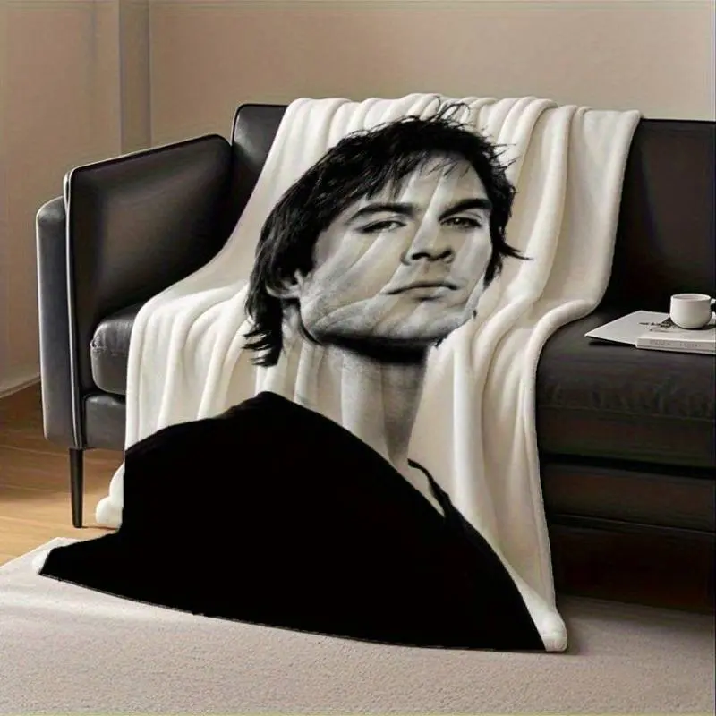 The Vampire Diaries Damon Salvatore Black-and-White Portrait Throw Blanket, Ian Somerhalder Fan Themed Cozy Blanket, Soft Fluffy Lightweight Blanket, Anti-Pilling Washable, Multiple Sizes