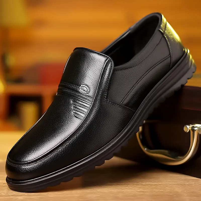 Men's Black Leather Slip-On Loafers - British Style Formal Shoes with Comfortable Soft Rubber Sole, Ideal for Business, Work, Office Use  Boy Walking Shoes