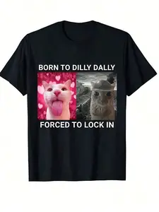 Meme Cat Graphic T-Shirt, Comfortable Pure Cotton, Breathable, Casual Fitted Long Sleeve, Home Wear, Fun Daily Top, Trendy Fashion Selfie Tee