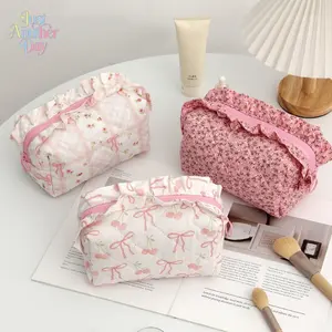 Girls Lace Bow Cosmetic Bag Student Ribbon Quilted Pencil Bag Portable Body Wash Bag Liner Bag