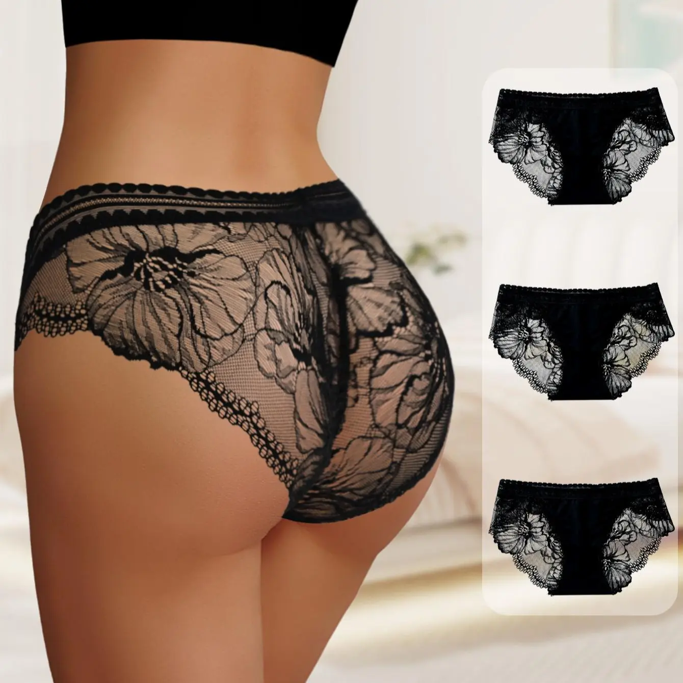 HOTCOM Women's Lace Bikini Panties 3-Pack - Low Rise Soft Stretch Briefs with Contrast Lace Trim, Comfortable Everyday Underwear