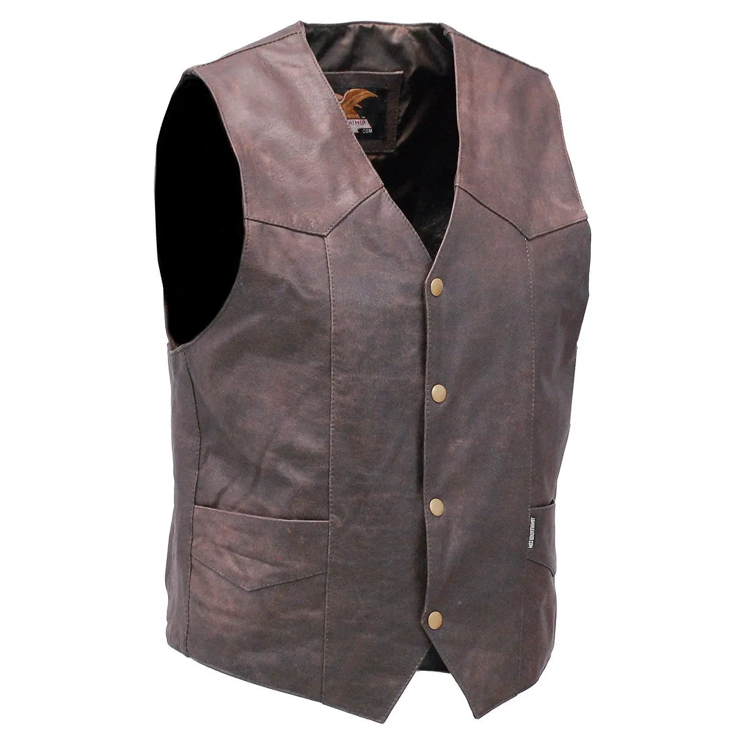 JAMIN LEATHER® Premium Rich Brown Leather Men's Vest VM2621N - Soft Buffalo Leather, Vintage Antique Finish, Snap Up Front, Front Pockets, Soft Nylon Lining, Medium Color, Exclusive Menswear