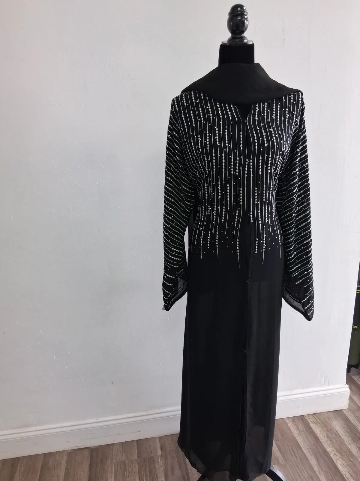 Elegant Black Beaded Abaya Size 56 with Sparkling Beads and Long Sleeves for Special Occasions