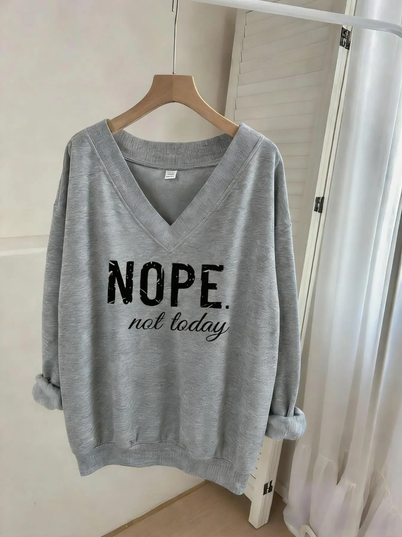 Viral TikTok Cozycore "NOPE" Slogan Print Aesthetic Oversized V-Neck Comfy Cotton Blend Casual Loungewear Graphic Sweatshirt for Women Streetwear Y2K Drop Shoulder Pullover Top Soft Breathable Relaxed Fit Daily Wear Trendy Statement Piece