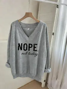 Viral TikTok Cozycore "NOPE" Slogan Print Aesthetic Oversized V-Neck Comfy Cotton Blend Casual Loungewear Graphic Sweatshirt for Women Streetwear Y2K Drop Shoulder Pullover Top Soft Breathable Relaxed Fit Daily Wear Trendy Statement Piece