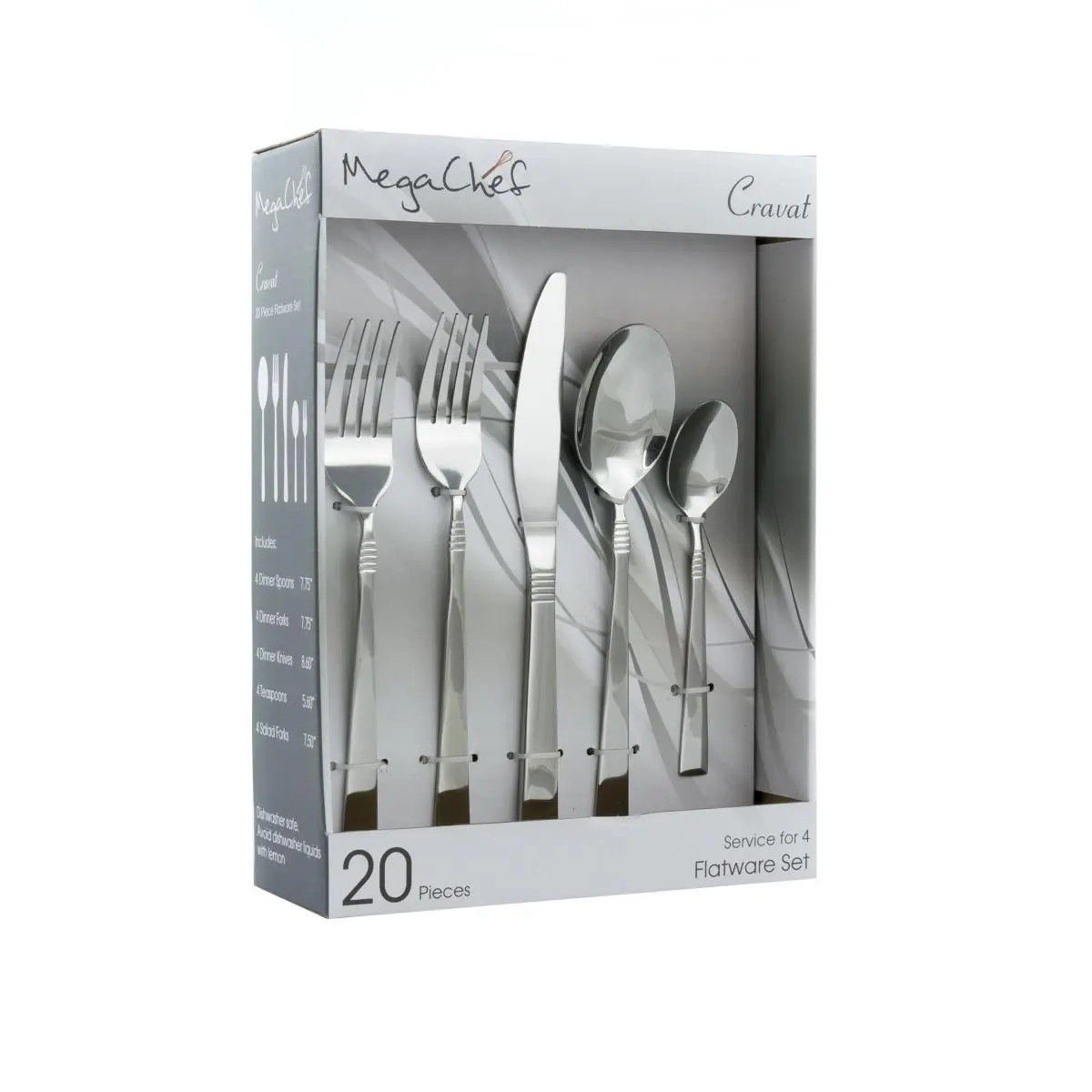 212 MAIN Megachef MCFW-CRAVAT-SILVER 4 in. Corrosion-Resistant Stainless Steel Cravat Flatware Cutlery Set, 20-Piece Tableware for Outdoor Camping Kitchen