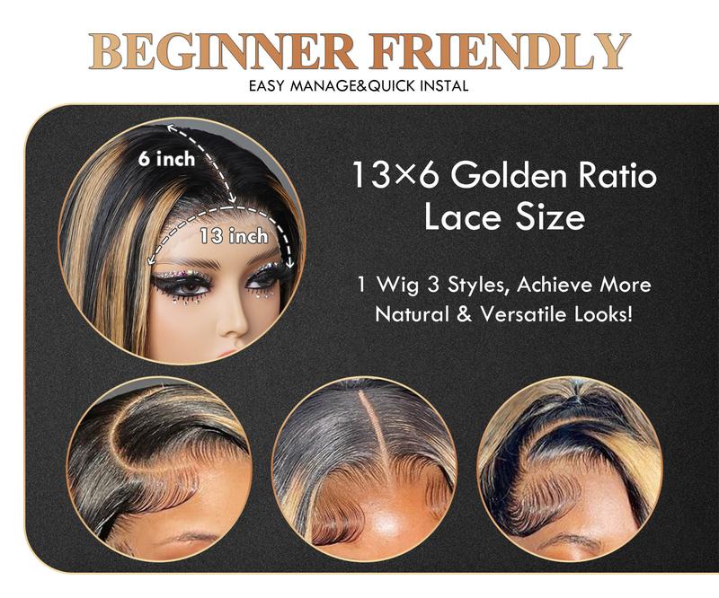 QUANDIAN 13x6 Balayage Highlight Lace Front Double Drawn Wig Human Hair 220% Density Pre Bleached Tiny Knots Straight Hair FB/27 Ombre Wig Springtok