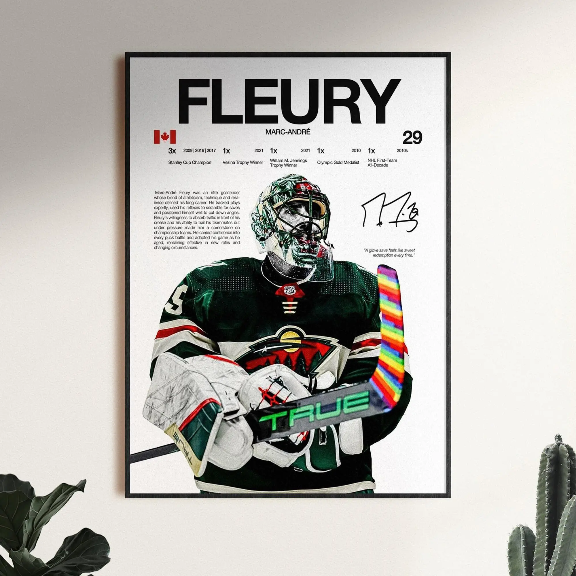 Marc Andre Fleury Poster, Minnesota Wild Wall Print, Sports Decor, Hockey Room Print( Unframed - Print Only )