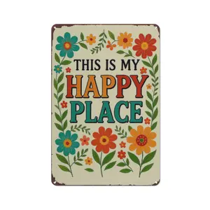 Funnysign Garden Gifts This Is My Happy Place Vintage Tin  for Home Garden Patio Yard  8 X 12 Inch with Colorful Floral Design funny  bathroom   durable  ideal farmhouse porch modern   donkey style   tombstone metal wall sign phd graduation Peeking Decor