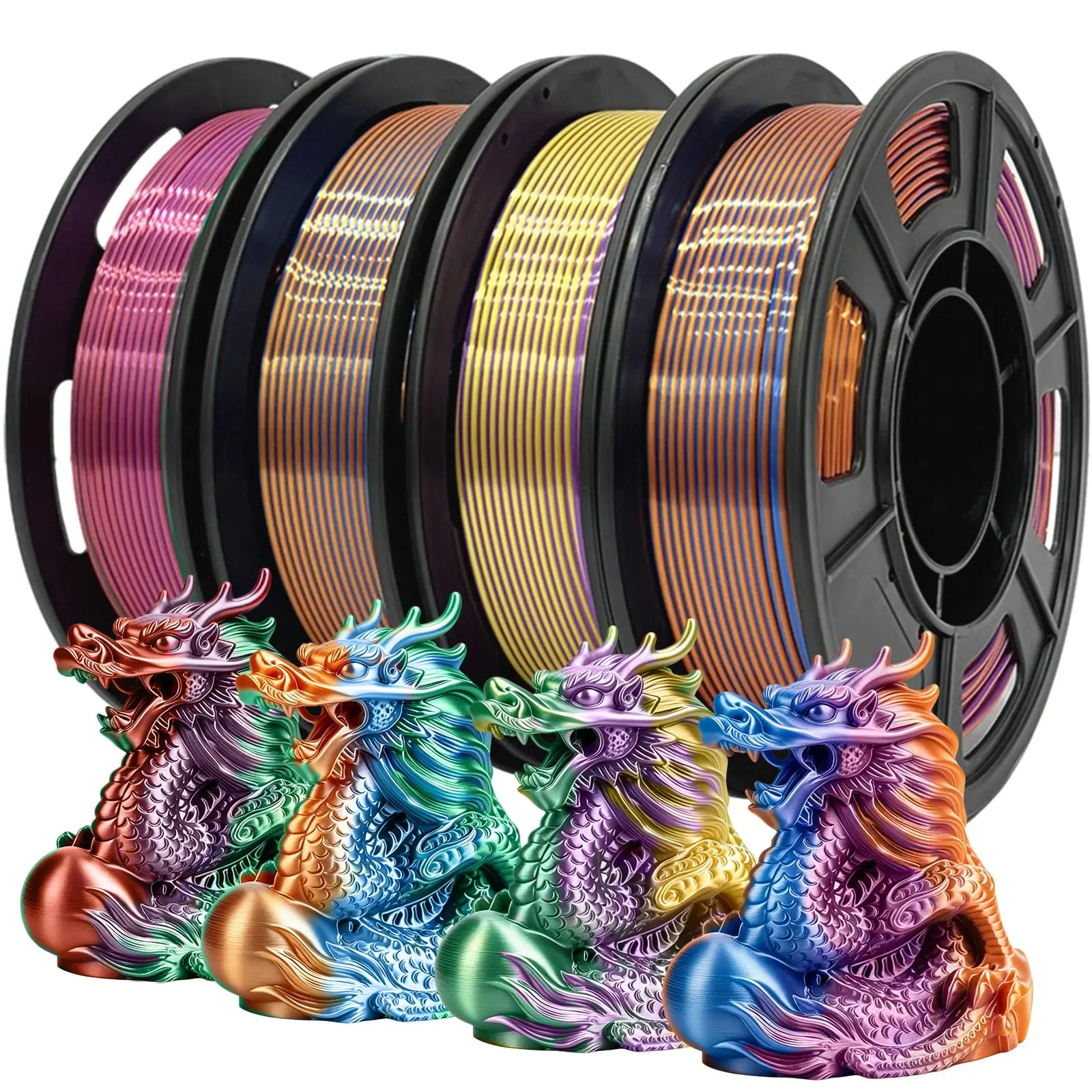 Silk PLA+ 3D Printer Filament Bundle, 3-in-1 Coextruded Shiny Tricolor Filament 1.75mm, Shiny Multi Color Change, Smooth Multicolor PLA+ Filament for Most 3D Printers - 4 Spools 250g Each