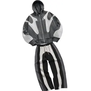 Men's casual sports suit, fashionable contrasting splicing hooded jacket, straight tube loose drawstring casual pants two-piece set casual hooded sweatshirt set