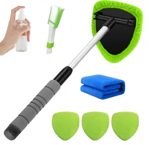 8PCS Car Window Cleaner Kit with Extendable Handle, Includes 4 Reusable Microfiber Pads, Air Vent Brush, Empty Spray Bottle and a Bonus Microfiber Towel