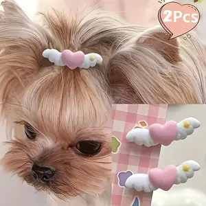 2 cute heart-shaped mini wing pet hair clips - gentle dog hair, pink and peach, dog hair accessories