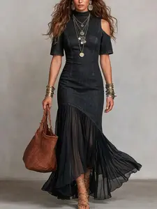 Womens Mock Neck Cold Shoulder Denim Maxi Dress with Sheer Mesh Hem Ladies Denim And Mesh Mermaid Dress Cold Shoulder Short Sleeve Bodycon Long Dress Bodycon Denim Maxi Dress with Mesh Mermaid Hem Mock Neck Cold Shoulder for Women