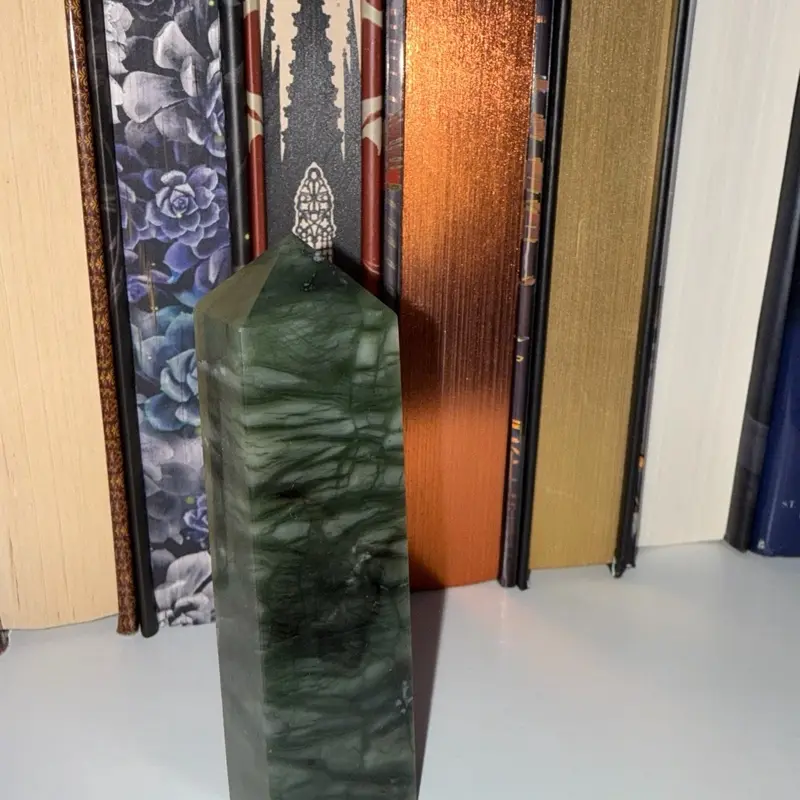 Polished Green Serpentine Crystal Tower, Rare Stone Carving Collectible Cultural Item