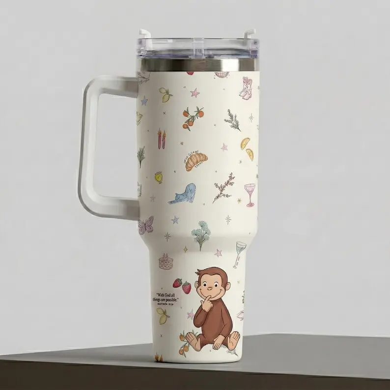 40oz Monkey Tumbler With Handle, Insulated Stainless Steel Travel Mug