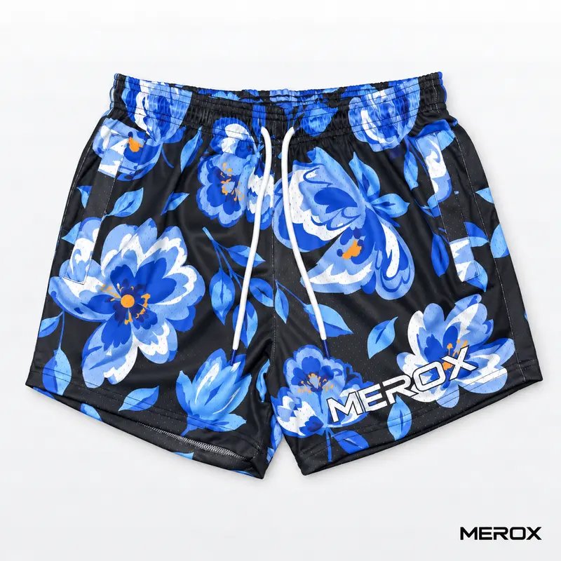 MEROX Blue Floral 5-Inch Mesh Shorts for Men & Women – Flower Print Athletic Gym Shorts with Zipper Pockets, Breathable Workout, Running, Training & Summer Streetwear Shorts
