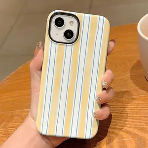 One Yellow Striped Pattern Phone Case , Shockproof Rugged Cover Dual Layer Soft TPU Bumper Hard Shell Design for iPhone 11 12 13 14 15 16 17 Pro Max Plus Air, Heavy-Duty Protection MagSafe Magnetic