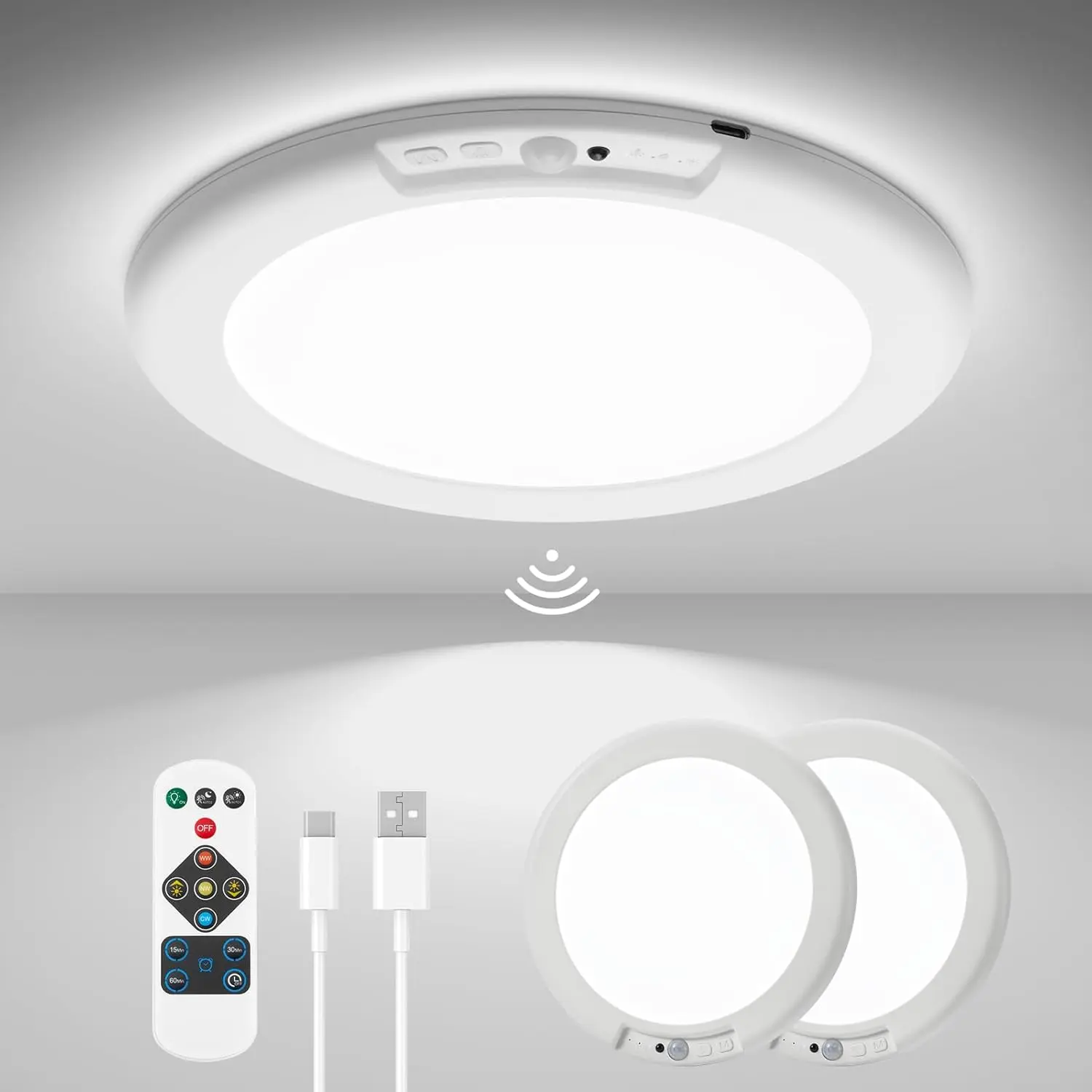 Rechargeable LED Ceiling Light/Shower Light with Remote,Motion Sensor, Wireless Magnetic Easy-Install, 3 Color, Dimmable, Battery-Powered, for Closet, Pantry, Hallway, Porch, Patio