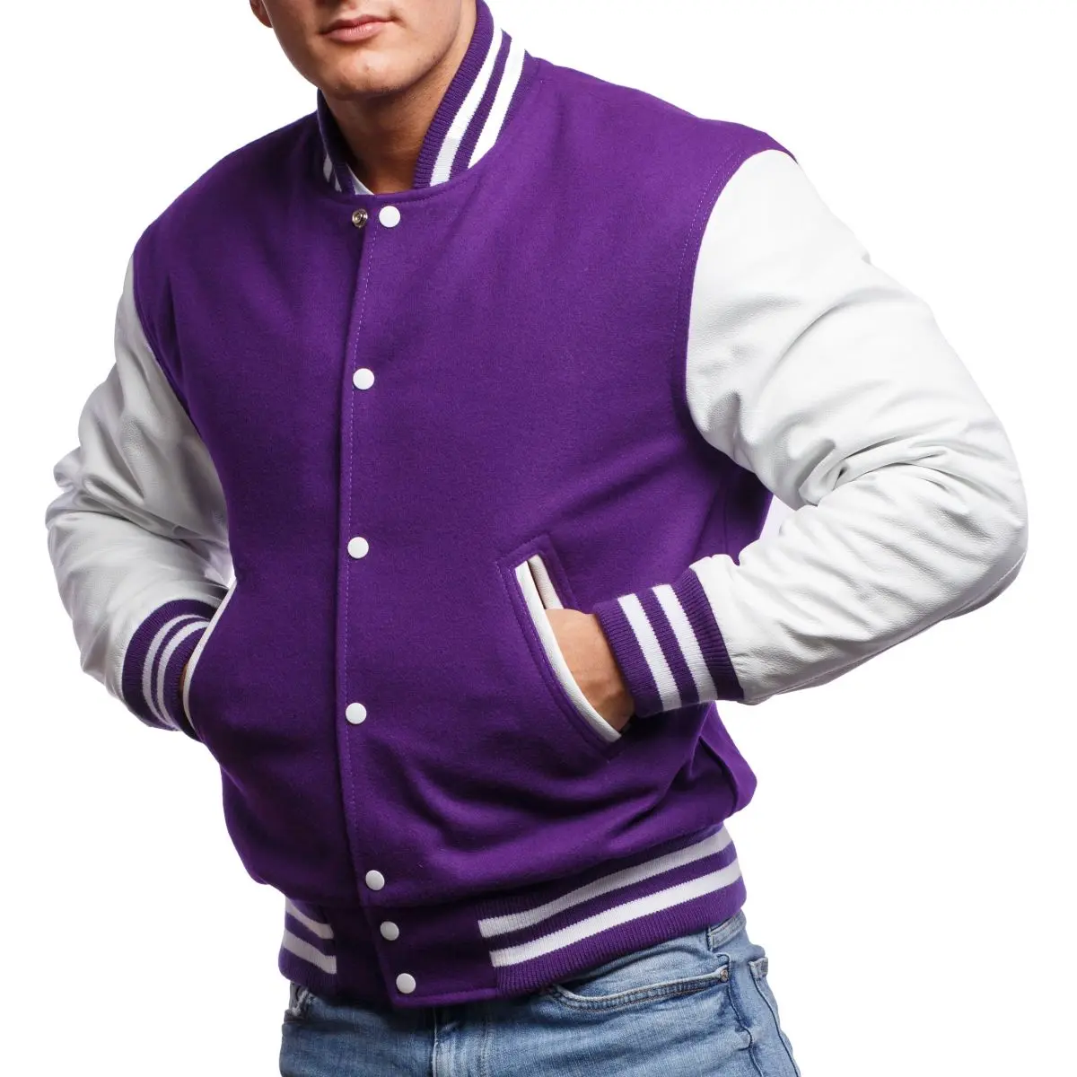 Purple & White Leather Sleeves Varsity Jacket Purple & White Leather Sleeves Varsity Jacket