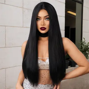 American-style center-parted high-layered black 70" women's fashionable long straight hair wig