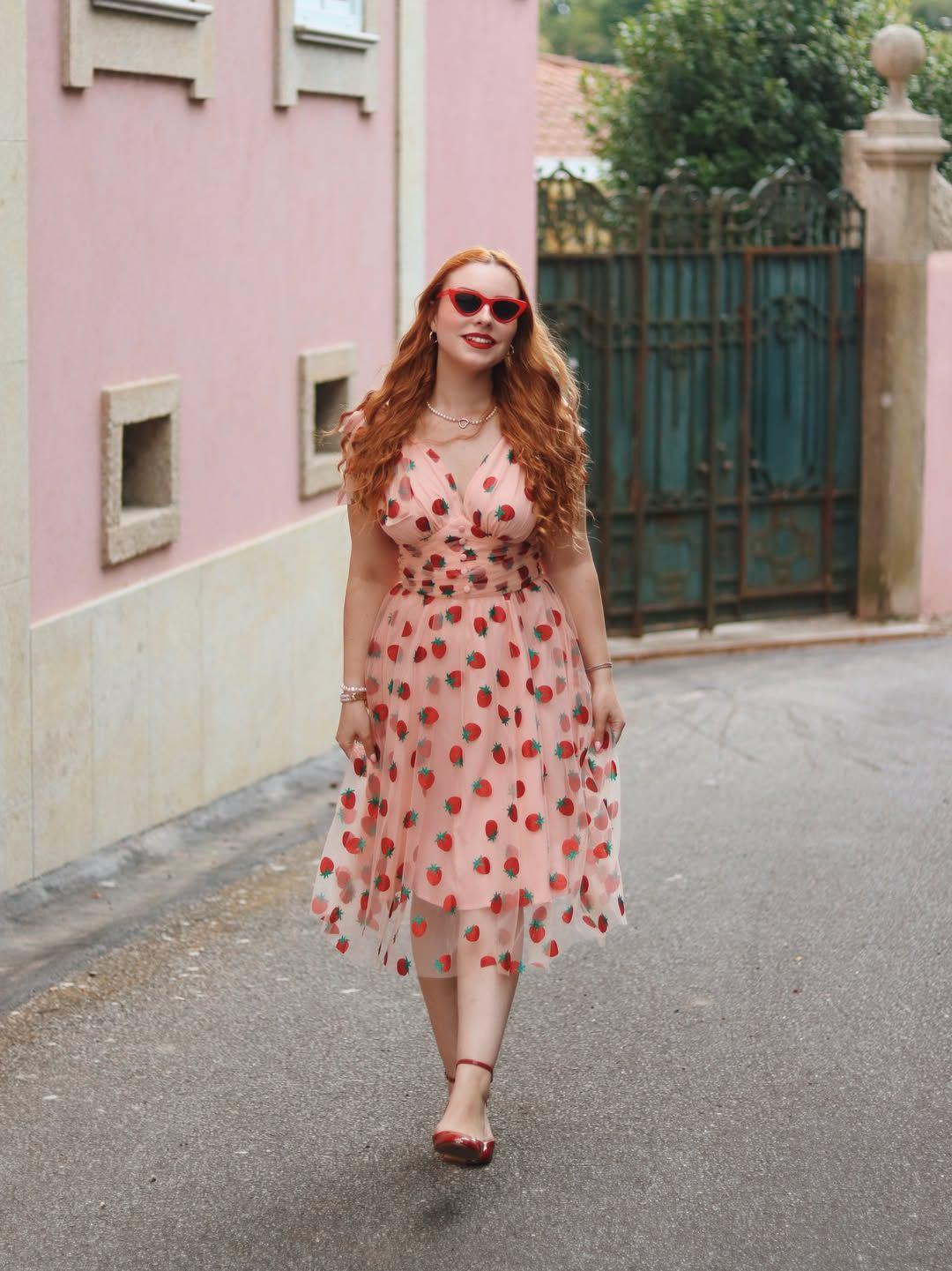 PINK 1950S STRAWBERRY MESH SWING DRESS Casual Elegant Classy Casual Breathable Outfits