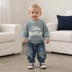 Toddler Infant Baby Boy Sweater Long Sleeve Crew Neck Letter Little Brother Embroidery Knit Tops Newborn Pullover Sweaters Jumper