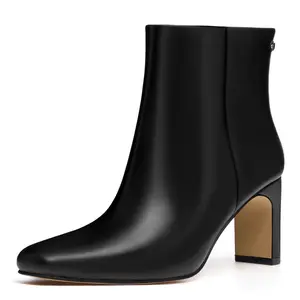 Women's Ankle Boots Fashion Square Toe Chunky Heeled Short Boots with Side Zipper