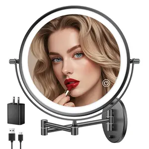 5000mAh Rechargeable Wall Mounted Makeup Mirror with Lights, 9" Double Sided 1X/30X Magnifying Mirror with Dimmable 3 Color Light, Extended Swing Arm 360? Wall Mount Bathroom Mirror, Black