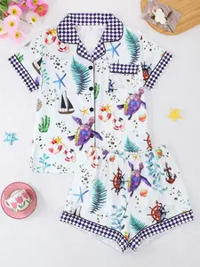 Women's Summer Cool Short Sleeve Sleepwear Set, 2 Piece Button Front Shirt and Elastic Shorts, Casual Sea Turtle Print, All Seasons