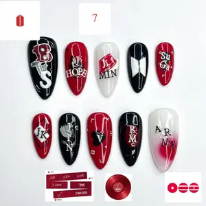 Kpop Inspired Press On False Nails, Red Black Edgy Graphic Almond Style, Concert Aesthetic Kpop Fan Accessory, JB384HC