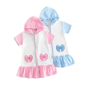 Toddler Baby Little Girls Beach Cover Up Hooded Robe Short Sleeve Zipper Bow Embroidery Terry Cloth Swim Cover Up 1-6 Years