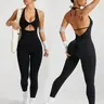 Women's Sexy Backless Halter Jumpsuit, Tight-Fitting Sports Jumpsuit with Removable Pads, High Elastic Breathable Fabric, Stylish Sporty Comfy Ruched Activewear for Fitness, Cut Out Jumpsuit, Workout Jumpsuits