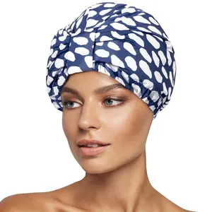 Reusable Waterproof Shower Cap for Women Double Layer Satin Lined Adjustable Elastic Blue For Long Curly Hair
