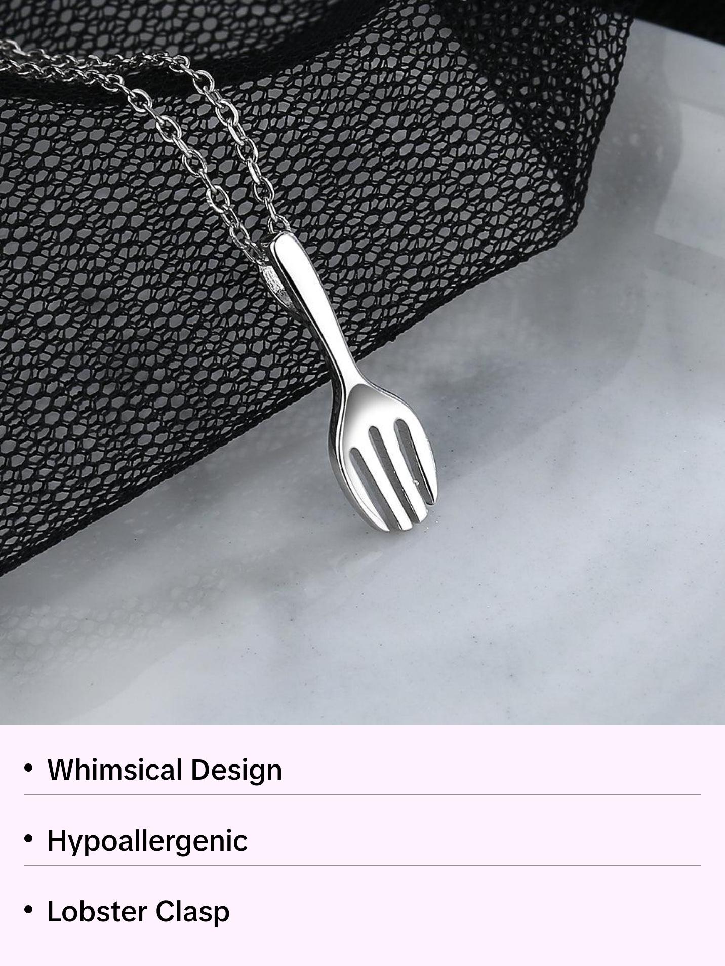 Amy & Annette Sterling Silver Fork Pendant Necklace with Simple Design and Chain