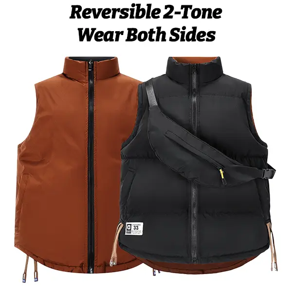 Reversible cotton vest with stand collar, two colors; small crossbody bag; unisex loose sleeveless reversible warm cardigan