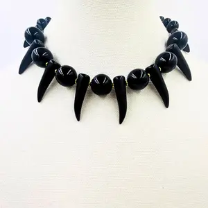 Golden Black Onyx Shaka Zulu Tribal Neckpiece 18MM  Gemstones Black Turquoise Bone Spike Beads 18k Gold Hematite Spacers 15-21 Inch Length Warrior Inspired for Men Women