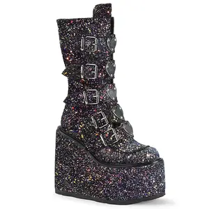 Demonia Swing-230G Black Multi Glitter Knee-high Boots