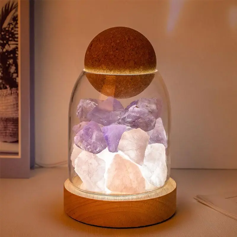Artificial Crystal Stone Essential Oil Diffuser Air Purifier, USB Powered Wooden Base Flameless Aromatherapy Night Light, Home Bedroom Atmosphere Ligh