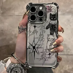 Cartoon Black Ink Cool Cat Phone Case with Black Electroplated Corners, Designed To Be Shockproof and Lightweight, Suitable for Iphone 17 16 15 14 13 12 11 17Air Plus Pro Promax Samsung Galaxy S26 S25 S24 S23 S22