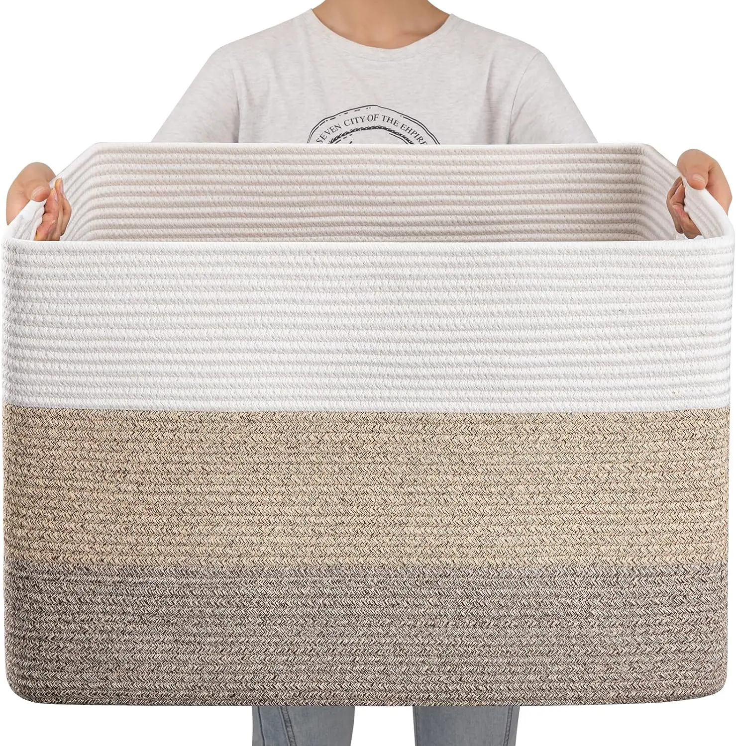 108L Extra Large Blanket Basket with Handles, 25"x16"x16" Rectangular Cotton Rope Storage Bin, Woven Laundry Hamper Toy Chest for Living Room, Nursery, Bedroom & Closet