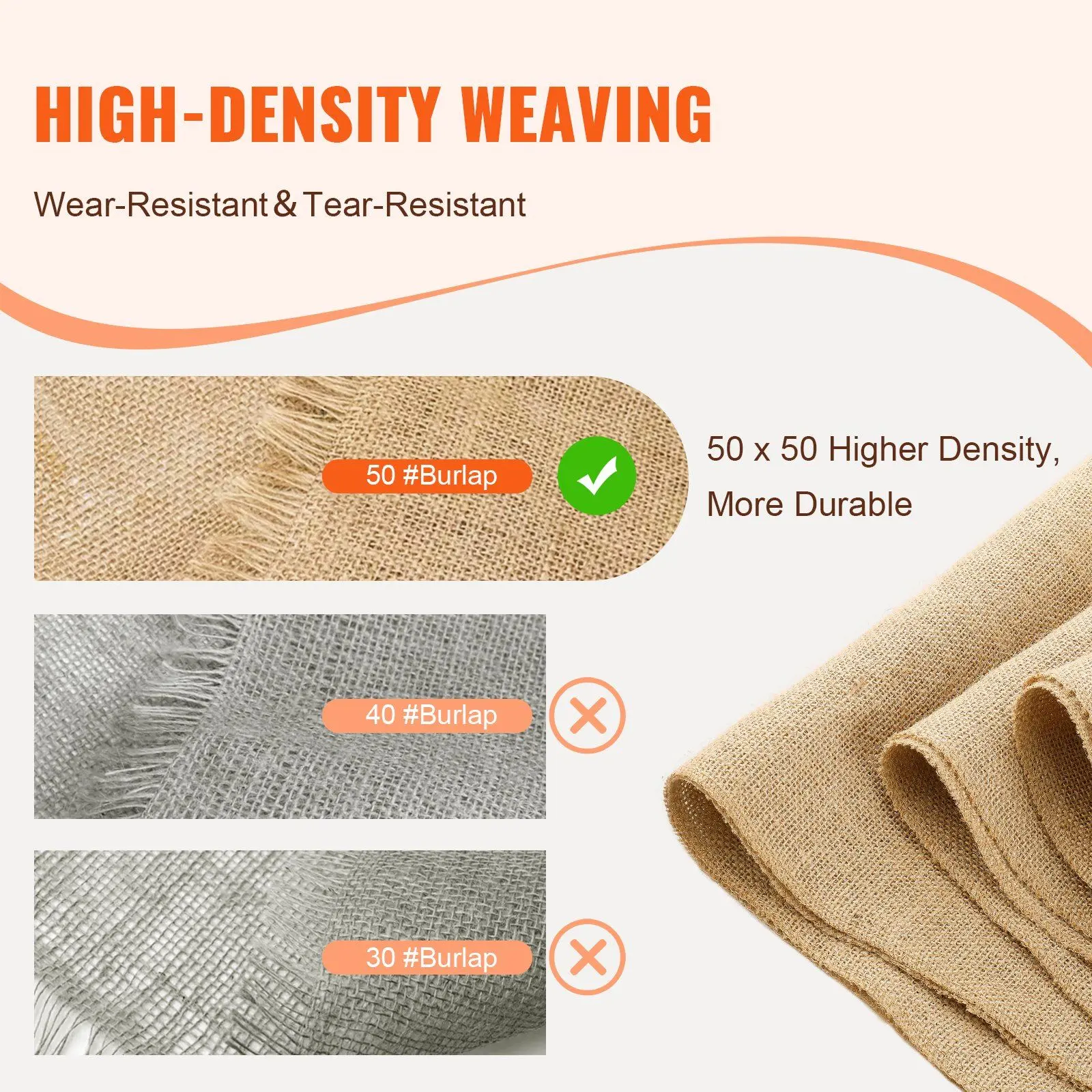 VEVOR Rustic Burlap Fabric Roll - 14 in x 30 ft, Edge-Locking Treatment for Neat Edges, Decorative Craft Fabric for Weddings, Flower Beds, Kitchen Use